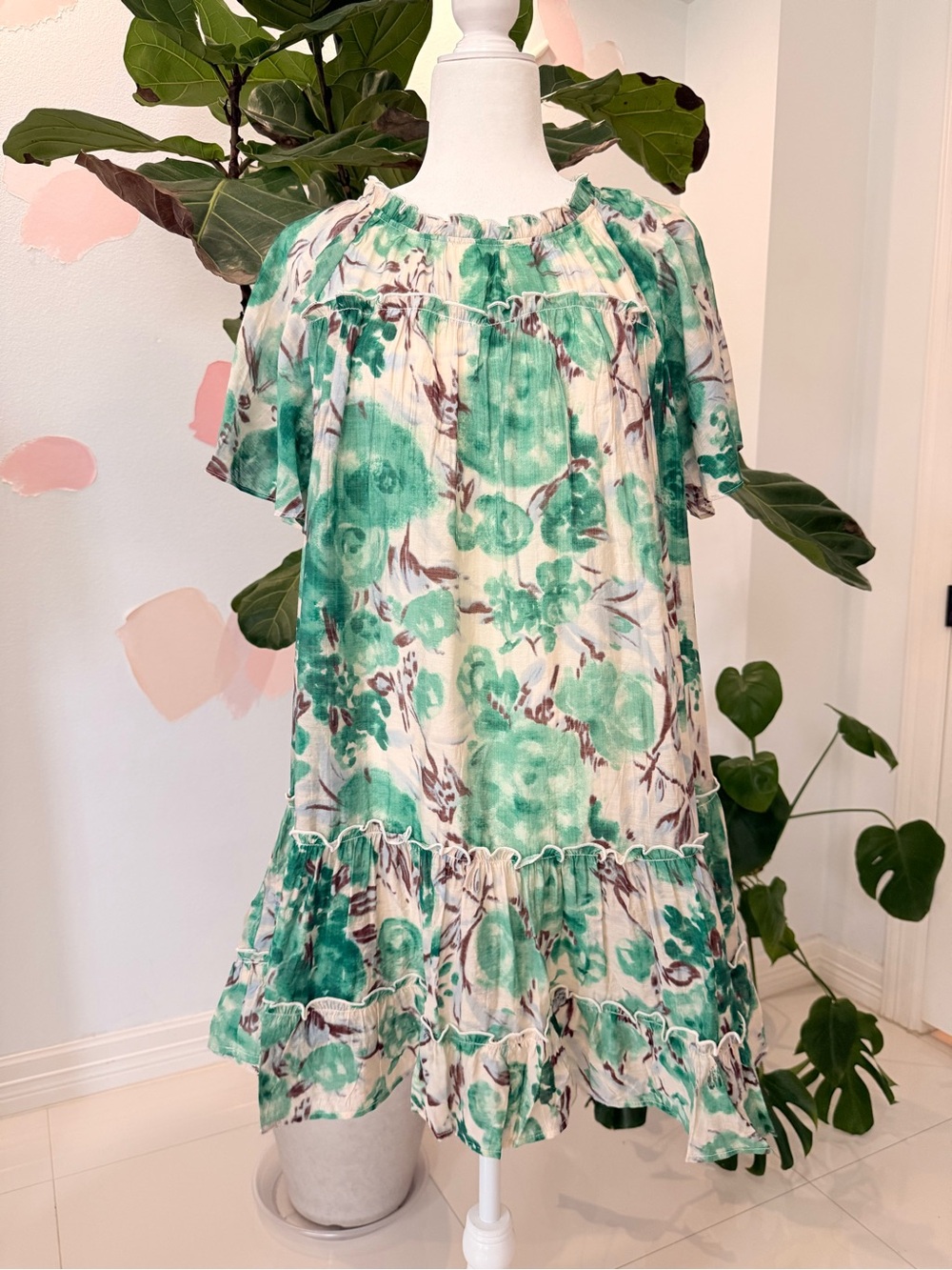 Girls Green Floral Ruffle Dress